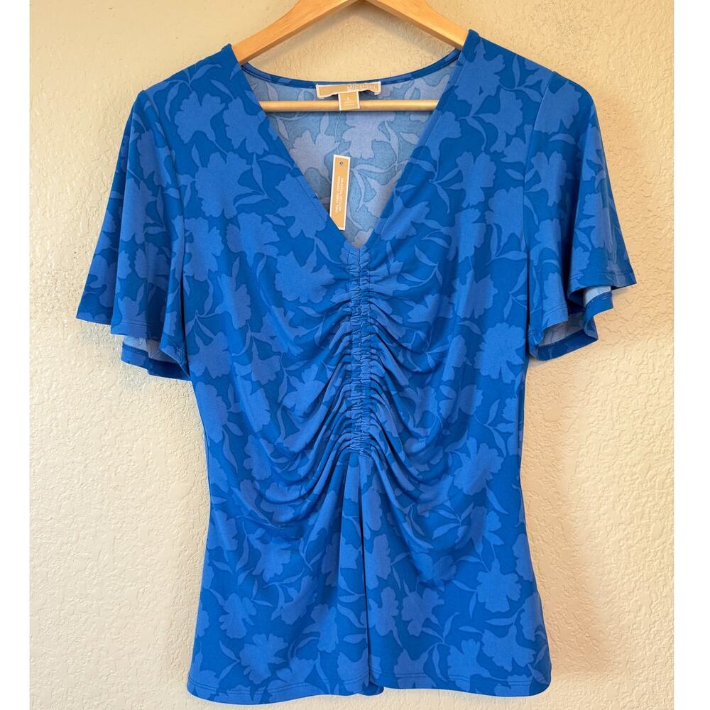 NEW Michael Kors Blue Floral Ruched Top Large Floral Flutter Sleeve V Neck Work - Picture 2 of 7
